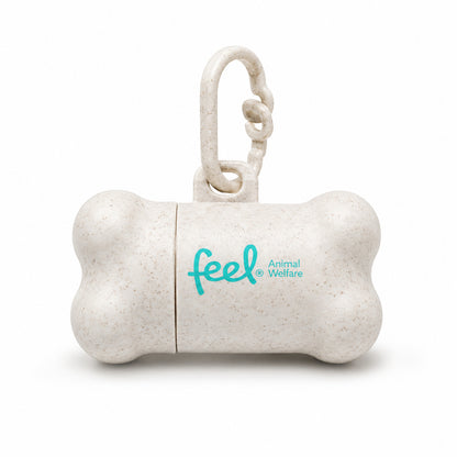 brinde de dispensador de sacos de dejetos com o logo da feel animal welfare