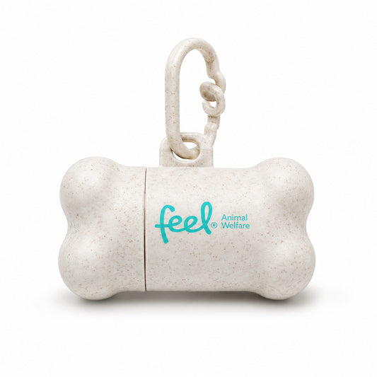 brinde de dispensador de sacos de dejetos com o logo da feel animal welfare